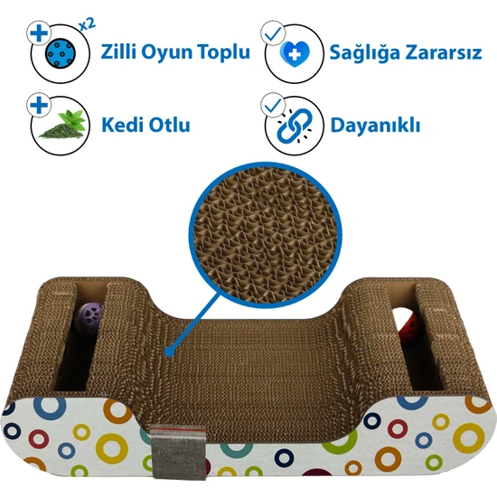 Doğal Kedi Otlu ve Zilli Toplu Kedi Tırmalama Kartonu1